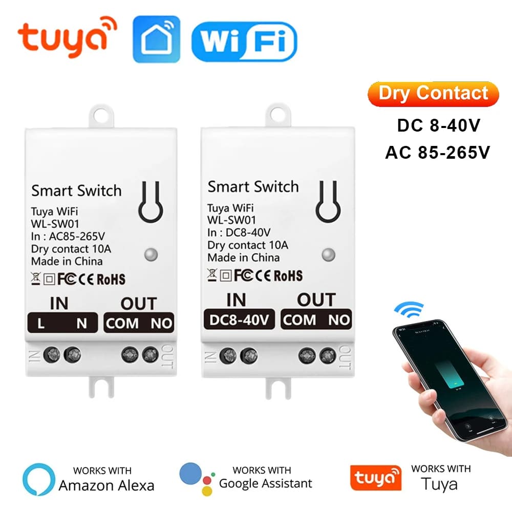 Tuya WiFi Modulo Smart Switch Contatto a secco 10A Smart Home, Casa Intelligente Interruttore Relè DC 8-40V AC 85-265V Funziona con Alexa Google Assistant