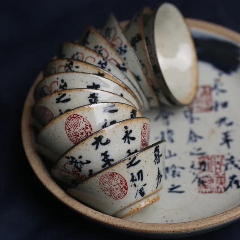6Pcs/lot Chinese Ancient Calligraphy Pottery Cups Kung Fu Tea Cup Hat Wine Cup Set Teaware Tea Bowl Ceremony Antique Teacup