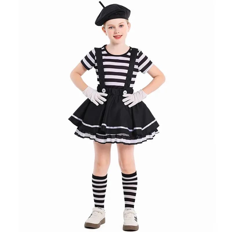 Gioco divertente di Halloween Set di due pezzi a righe bianche e nere Gonna con cinturino Giochi per ragazze Costume da spettacolo teatrale blu scuro