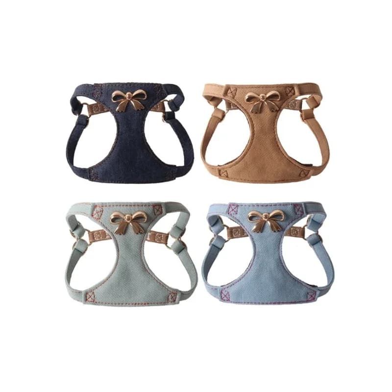 Aminger Denim Pet Harness Set, Vest Dog Harness with Metal Bow, Puppy Walking Leash