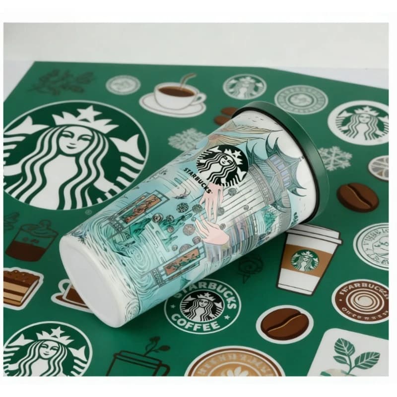 Tumbler Stile Starbucks con Coperchio Verde, 473ml, Design Orientale, Tazza da Viaggio Isolata in Acciaio Inox, Regalo di Compleanno Perfetto