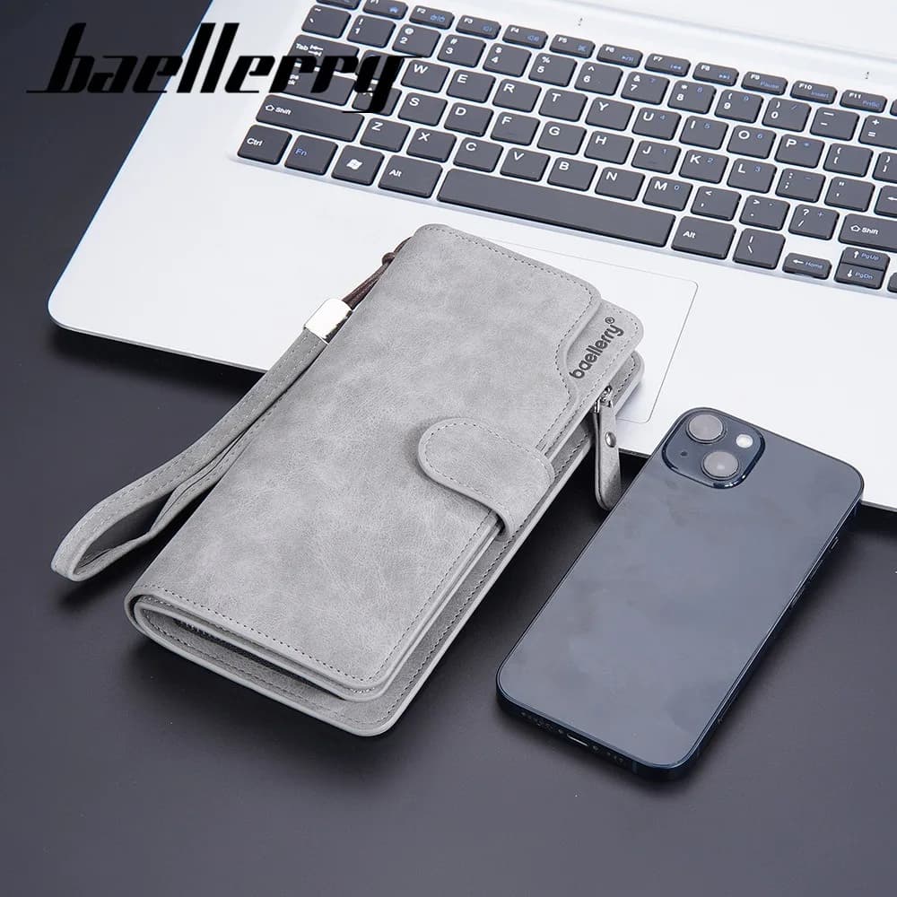 Baellerry Portafoglio lungo da uomo RfID in pelle PU con cerniera Tasca portamonete 12 slot per carte Regalo da viaggio d'affari