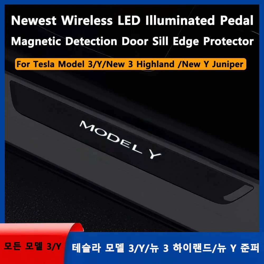 Nuovissimo Pedale LED Illuminato Wireless per Tesla Model Y Juniper 3 Highland, Protezione Soglia Porta con Rilevamento Magnetico per Model 3 Y
