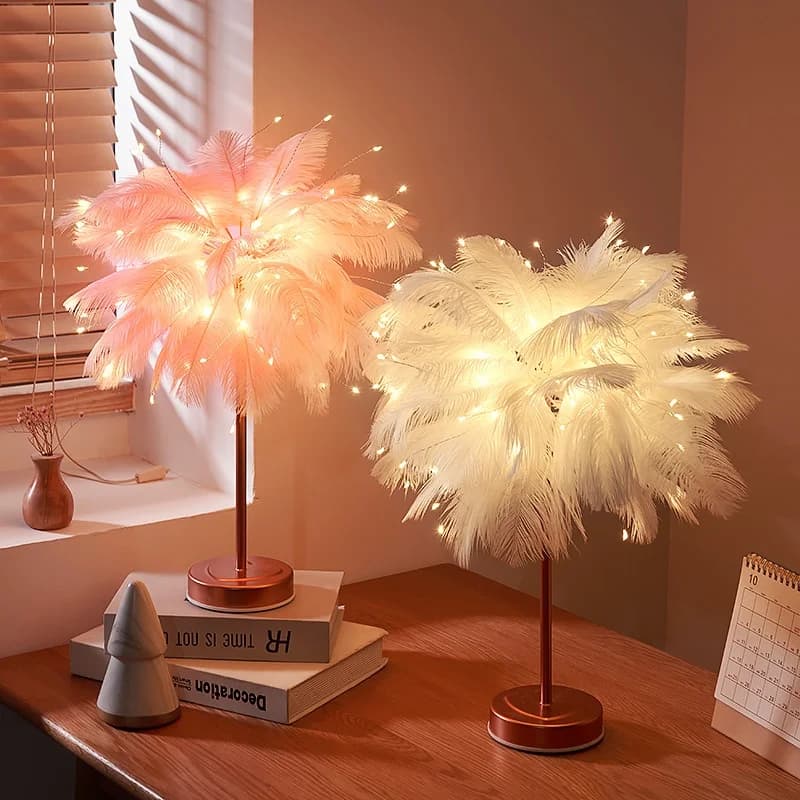Creative table lamp with remote control desk lamp with USB/AA battery Night lamp with tree feather lampshade for birthday