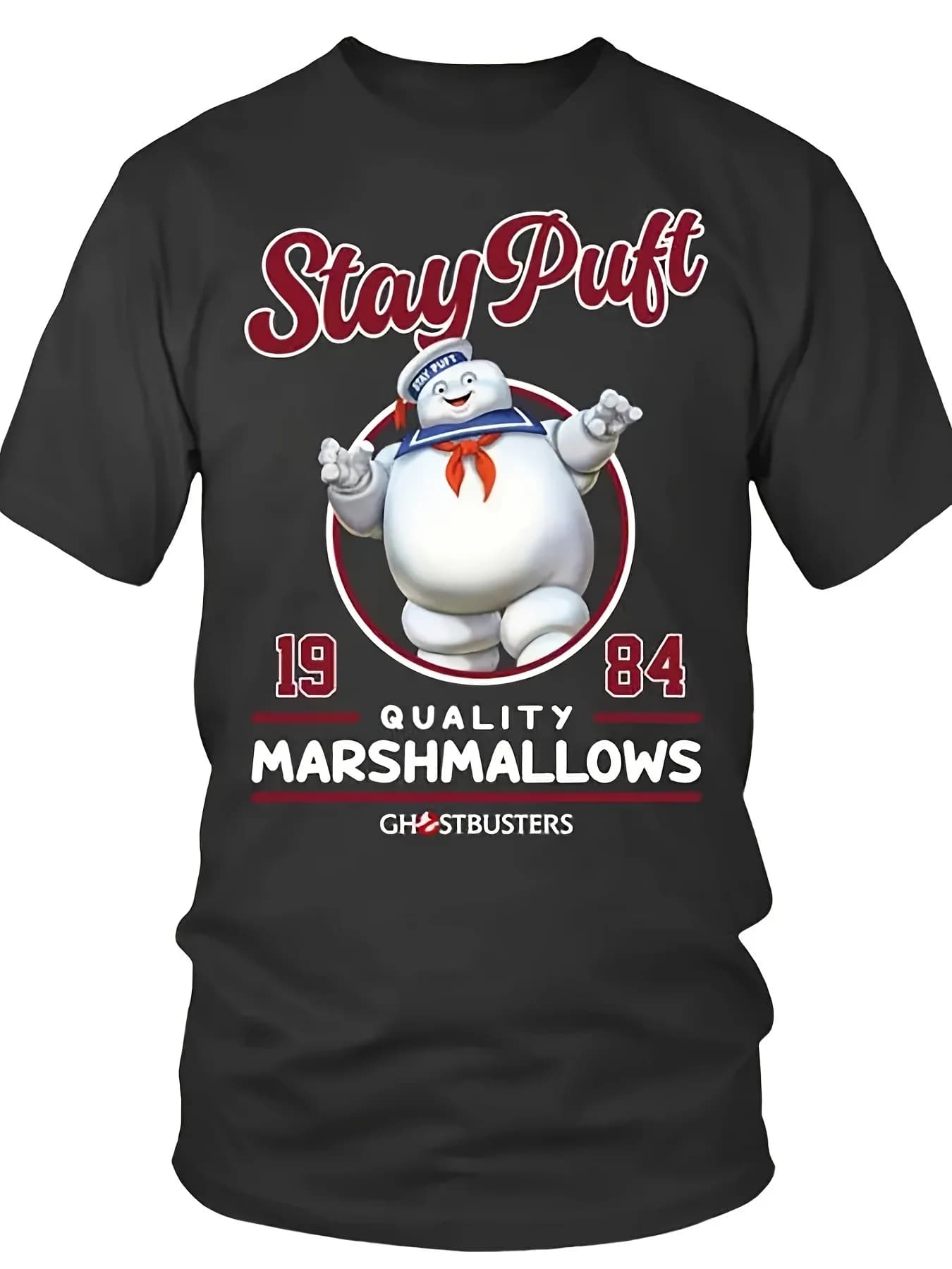 Men's T-shirt with pattern 'Ghost Companion' - Black, Red and White prints, 'Stay Puft' theme, casual short sleeve shirt