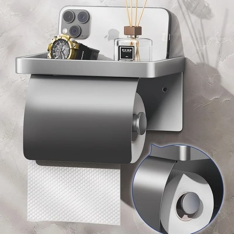 Portarotolo per carta igienica autoadesivo/perforato, ventilato e antiruggine, con deflettore pensato per evitare schizzi d'acqua