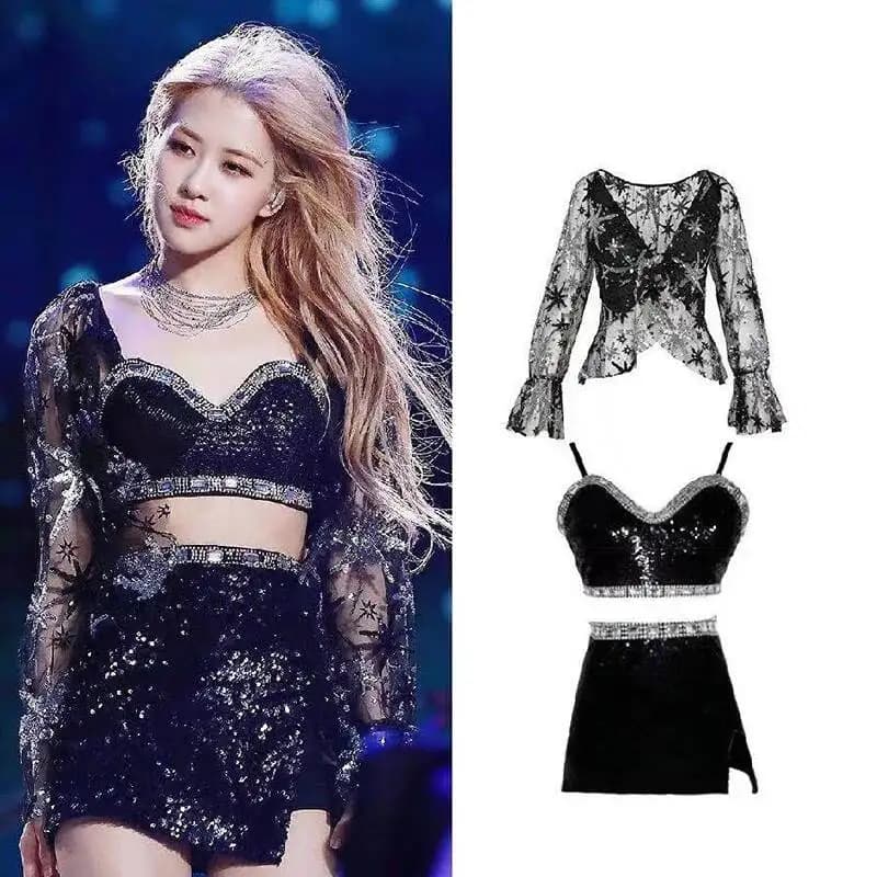 Top with Paillettes and Gonna for Performance of Jazz Dance, Palcoscenic Costume for Women's Groups Kpop ROSE, Sexy Clothing for Festival