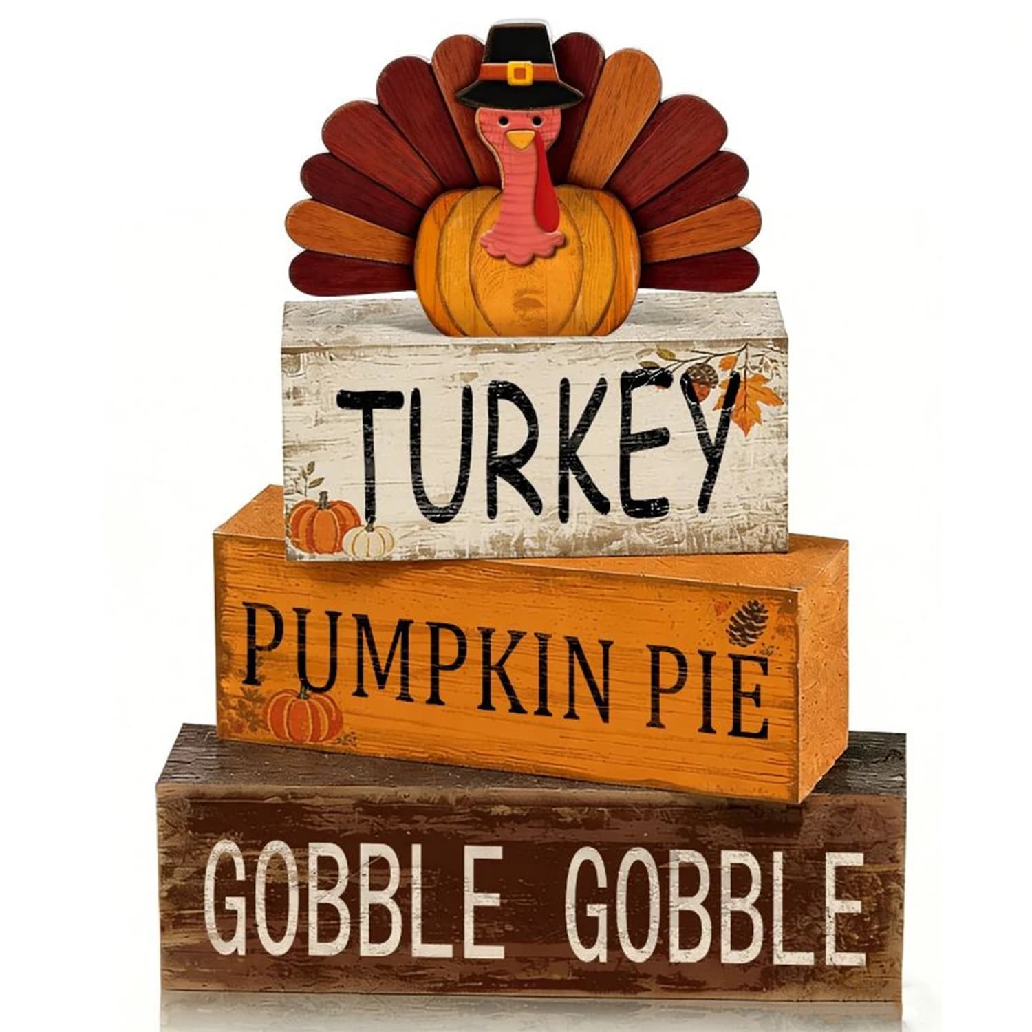 4 Pcs Thanksgiving Decorations for Home Gobble Wooden Turkey Decor Fall Tiered Tray Decor Thanksgiving Table Centerpiece Rustic Farmhouse Wooden Turkey Block Signs with Sayings for Autumn Harvest Party Kitchen Shelf