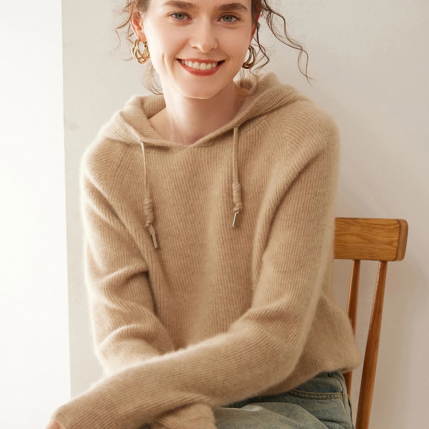 Autumn and Winter Hooded 100% Cashmere Sweater with Hat Knitted Sweater Hoodie Solid Color Casual Versatile Knitted Top