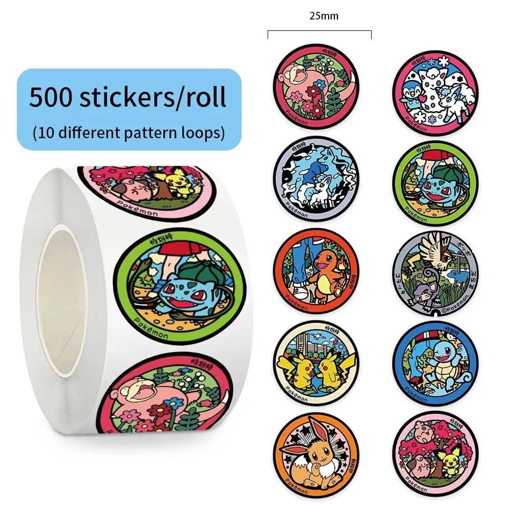 500 Pezzi/Rotolo Adesivi Graffiti Cartoon Pokémon, Adesivi Rotondi per Sigillare Carte, per Telefono, Computer, Notebook, Cancelleria, Fai da Te, Giocattoli, Segreti