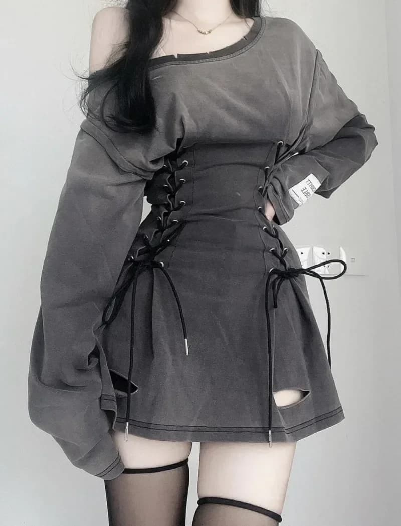 Fairycore Grunge Corsetto Abito Manica Lunga Donna Estetica Y2k Fata Goth Vestiti Kawaii Fasciatura Abiti Aderenti Primavera Autunno