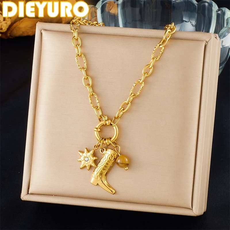DIEYURO 316L Stainless Steel Golden Boot Imitation Star Zircon Necklace Lady New Fashion Waterproof Neck Chain Jewelry Gift