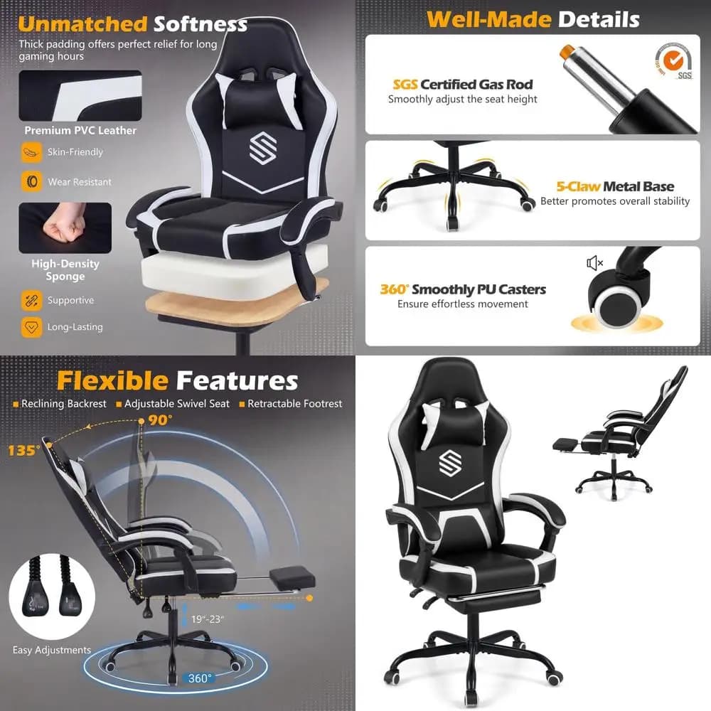 Sedia da Gaming Ergonomica con Regolazione dell'Altezza, Supporto Lombare, Schienale Reclinabile e Poggiapiedi (Nera)
