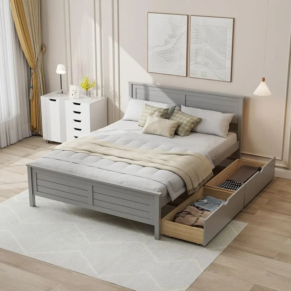 Struttura letto matrimoniale in legno con 2 cassetti contenitore, letto a piattaforma in legno massello con testiera, base materasso con doghe in legno, senza S