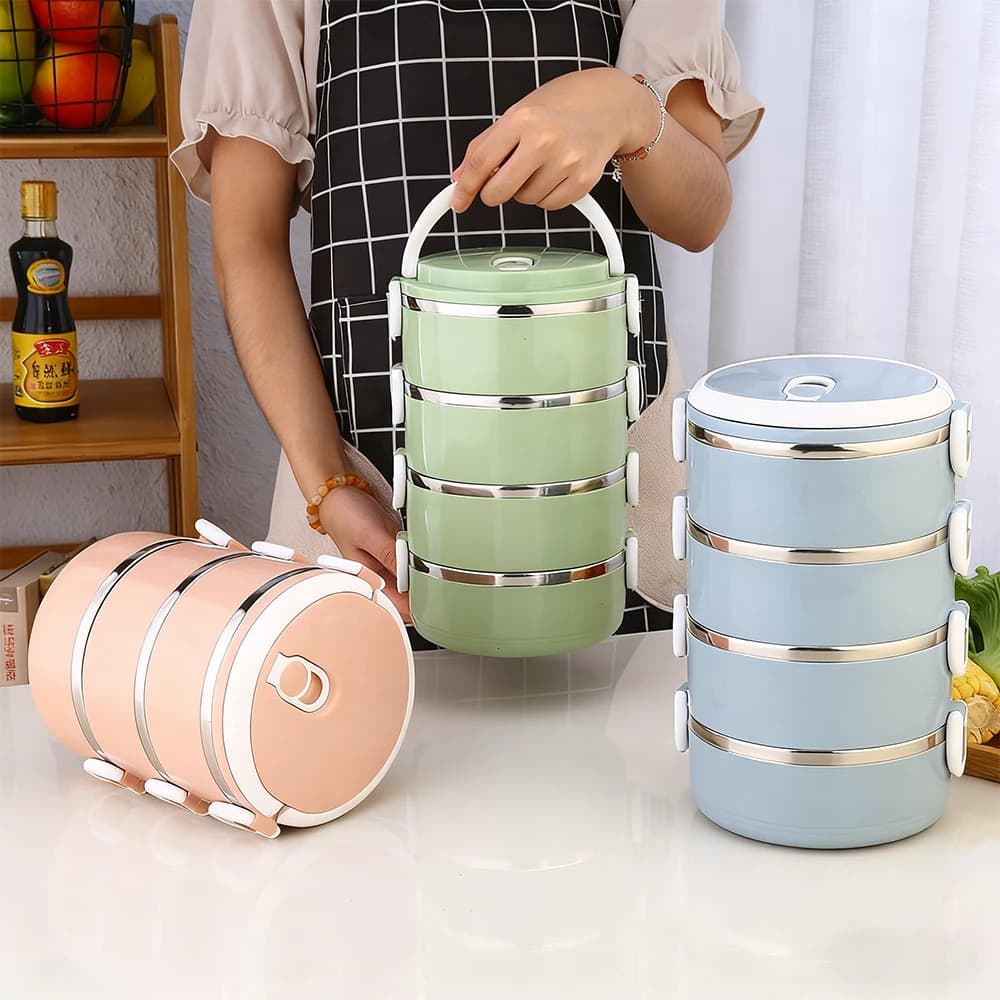 1 set di contenitori per il pranzo a 4 strati, contenitori per il pranzo a secchiello isolati in acciaio inossidabile, contenitori bento impilabili, utilizzati per il pranzo e il campeggio