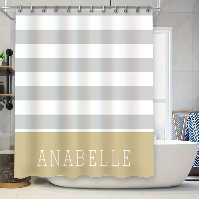 Tenda da doccia a righe personalizzata Nome personalizzato Decorazione da bagno Eleganti colori bianco e beige Tessuto in poliestere Doccia impermeabile Cur
