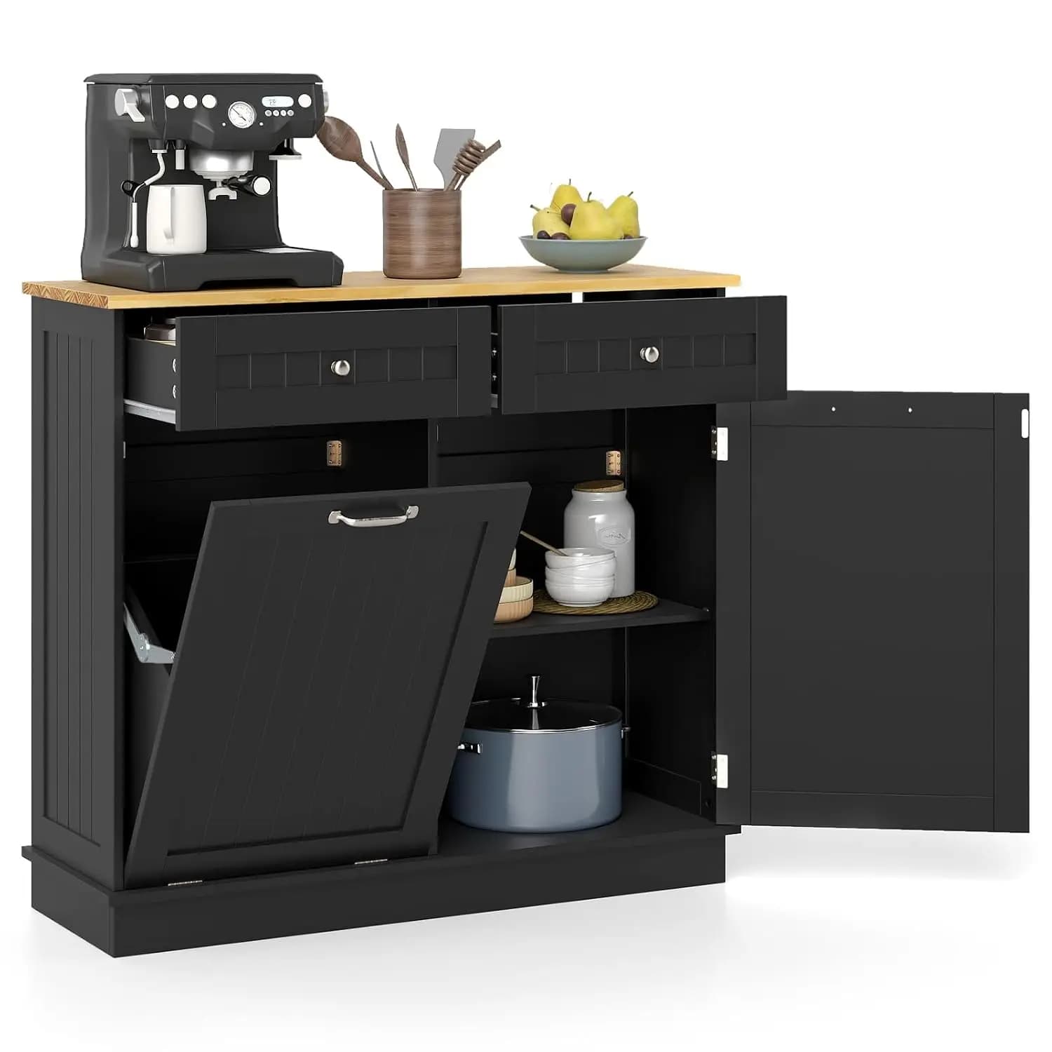 Tilt Out Trash Can Cabinet, Kitchen Island Table w/Solid Wood Top, 2 Drawers, Adjustable Shelf for Hidden Laundry, Customized