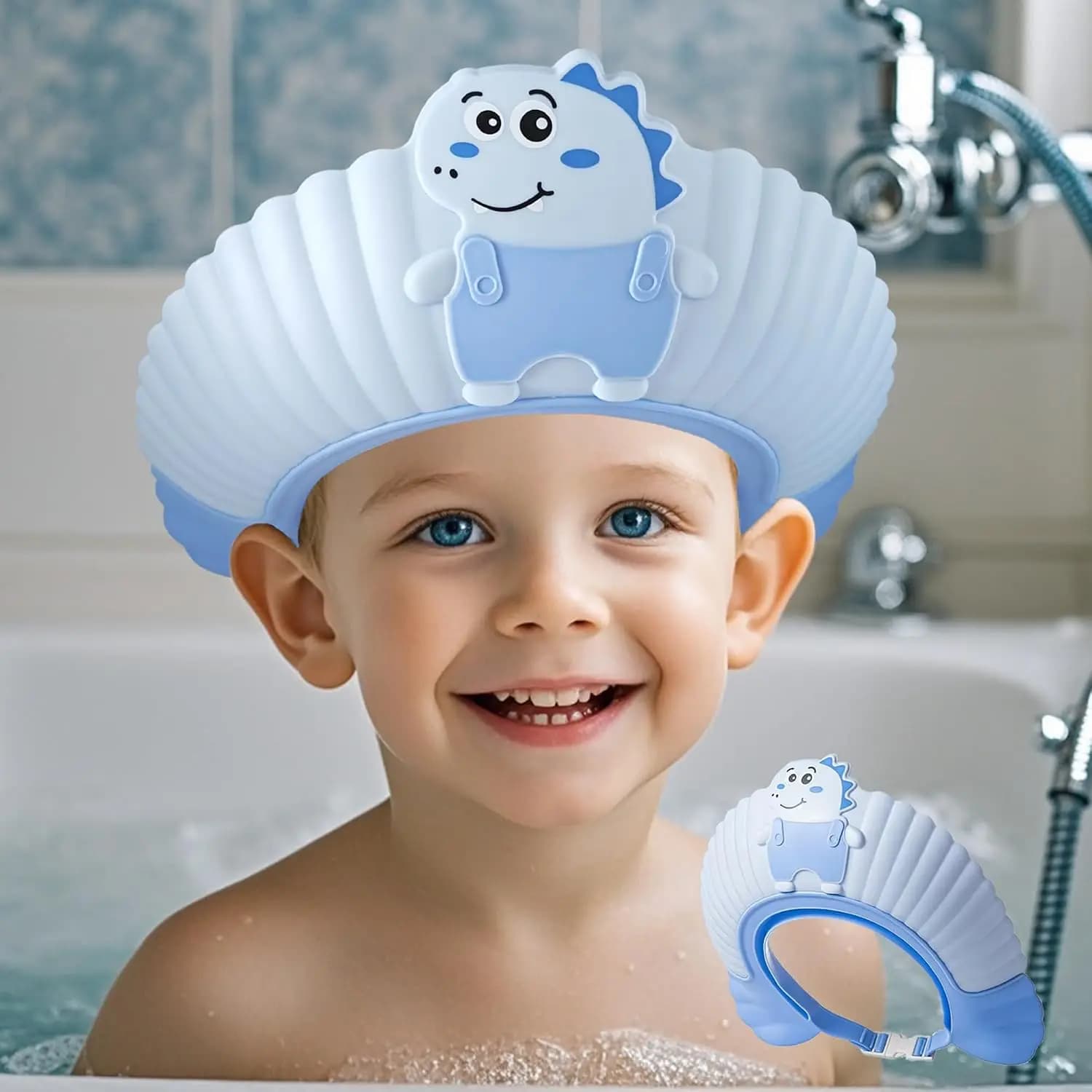 Baby Shower Cap Shield, Shower Cap for Kids, Visor Hat for Eye and Ear Protection for 0-9 Years Old Children, Cute Little Dinosaur Shape Makes The Baby Bath More Fun (Blue)
