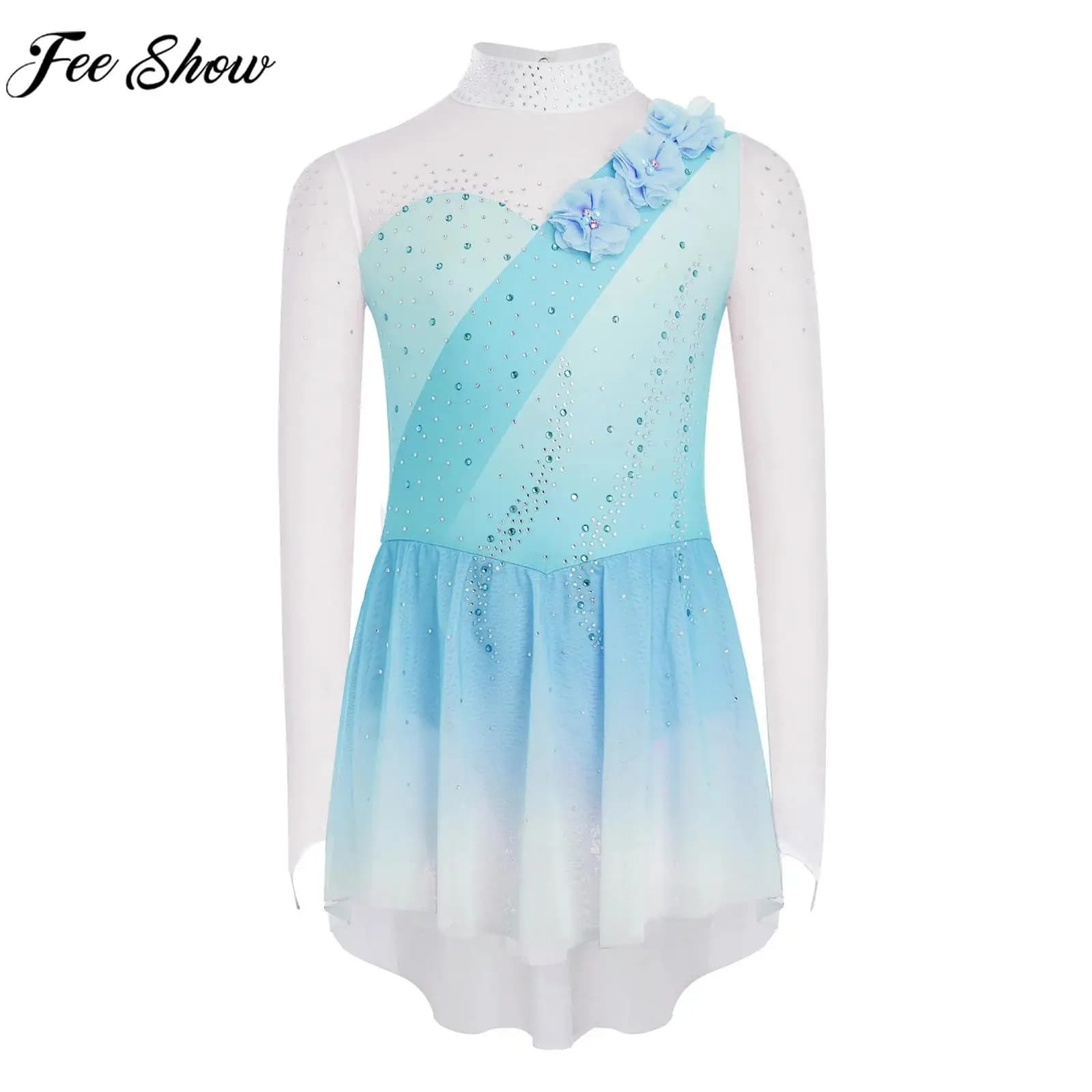 Bambini Ragazze Pattinaggio su ghiaccio Ginnastica Acrobazie Balletto Danza Body Abito Lucido Strass Applique Maglia trasparente Dancewear