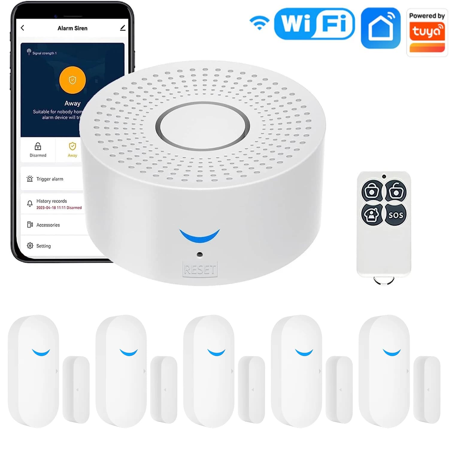 Sistema di allarme per porte WiFi, sistema di sicurezza domestica intelligente fai-da-te wireless, con avviso app per telefono, sirena di allarme, sensore per finestra, telecomando