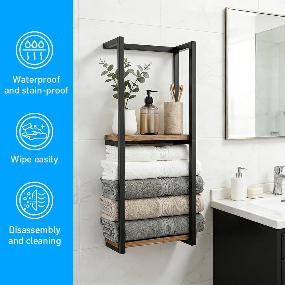 Portasciugamani da Bagno, Portasciugamani a 2 Livelli da Parete, Scaffale Decorativo, Organizzatore per Casa/Bagno/Camera da Letto