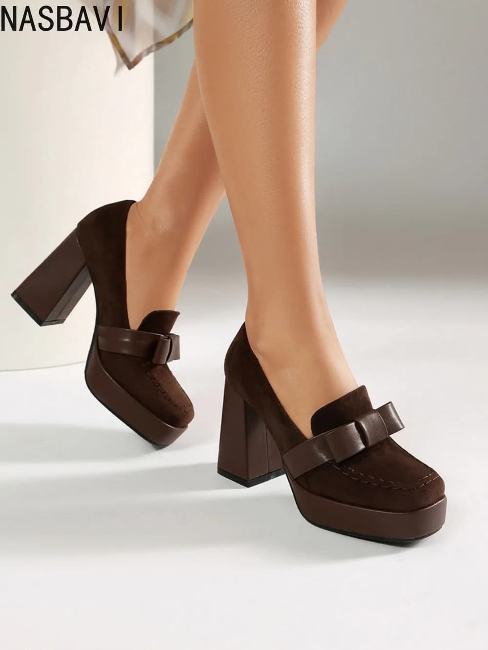 Nuove Scarpe Primaverili/Estive con Punta Quadrata in Stile Vintage per Donne, Eleganti Pumps in Pelle Scamosciata Marrone, Mocassini alla Moda, Taglie Grandi 34-43