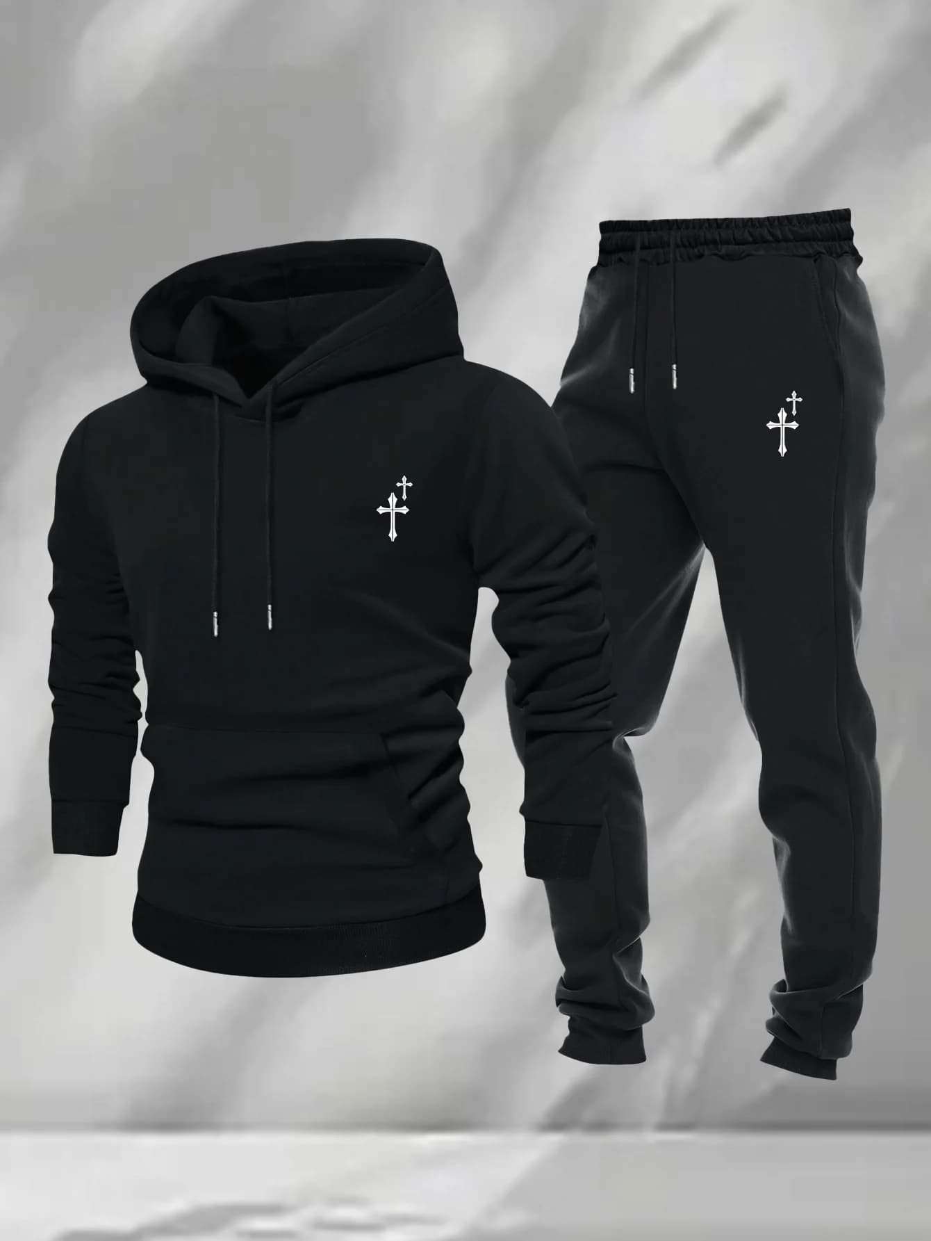 Men 2Pcs Small Cross Embroidery Hoodie Sweatpants Set Polyester Loose Autumn Daily Street Casual Tracksuit For Men