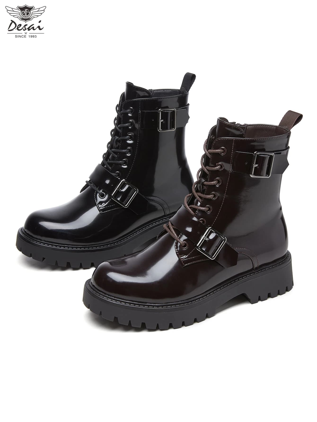 Punk-style women's motorcycle boots, double belt buckle, lined thickened for warmth, short ankle boots with side zipper