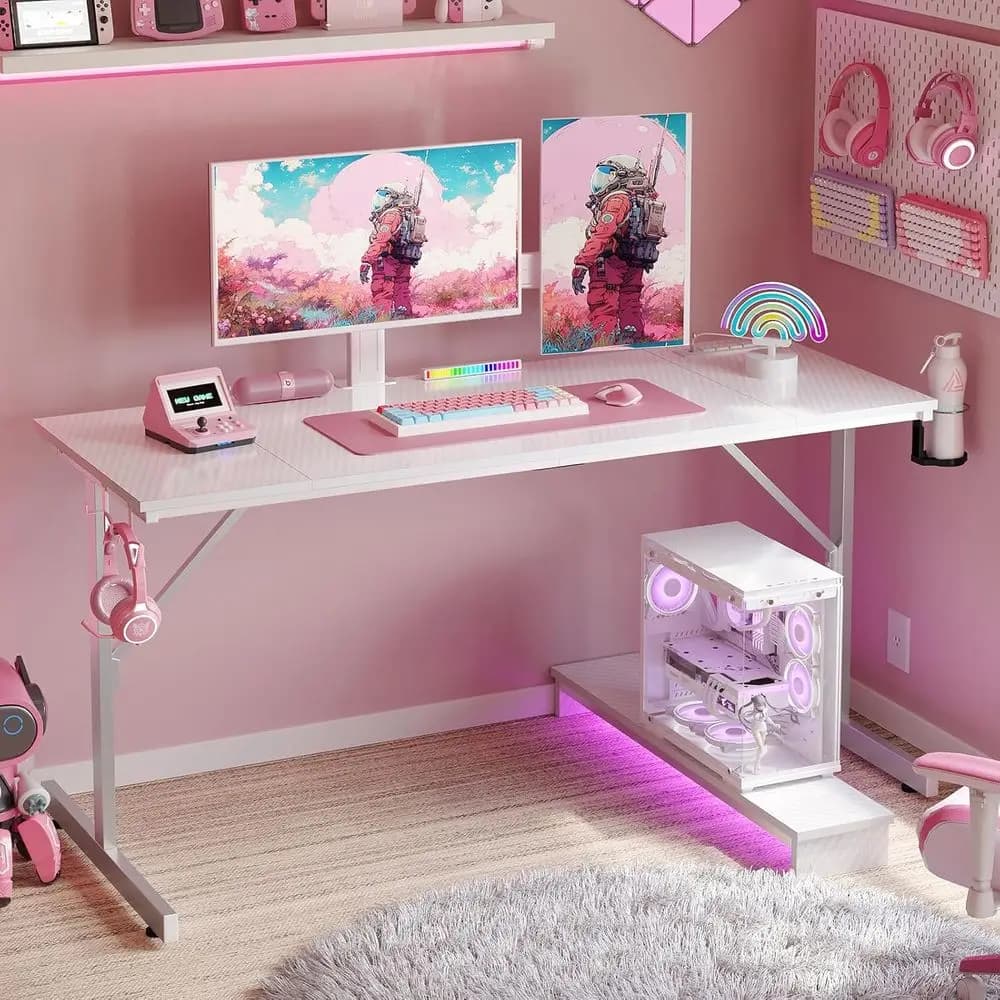 Scrivania da Gaming con 52 LED, Porte USB e Alimentazione, in Fibra di Carbonio Bianca, Facile da Montare per Casa o Ufficio