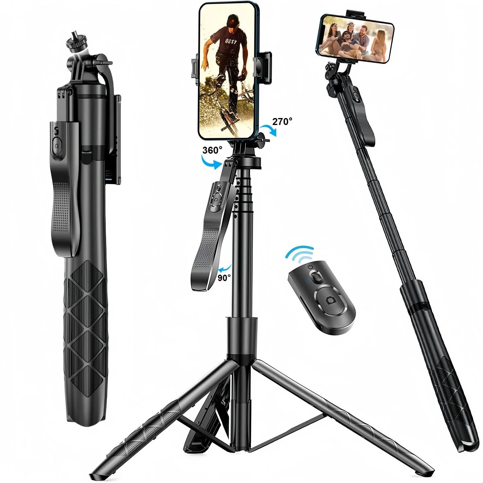 Treppiede per selfie stick per iPhone, supporto per fotocamera, registrazione video, treppiede da viaggio estensibile da 60 pollici con telecomando wireless