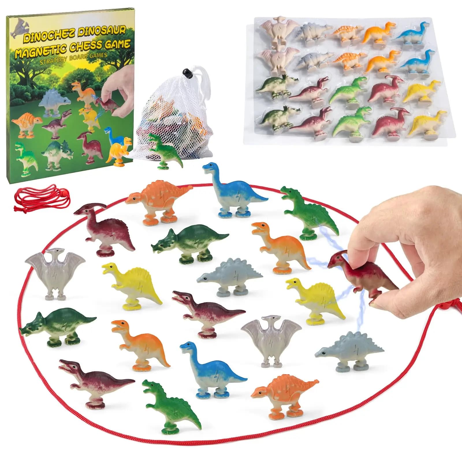 Set di giochi di scacchi magnetici per dinosauri, 20 pezzi di pietre di dinosauro, custodia a 1 corda, set di scacchi per giochi da tavolo di strategia per bambini