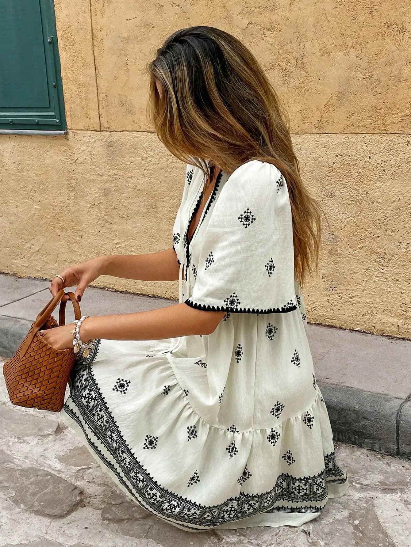 Bohemian Embroidered Mini Dress With Ruffled Hem And V-Neck For Summer Vacation Beach Resort