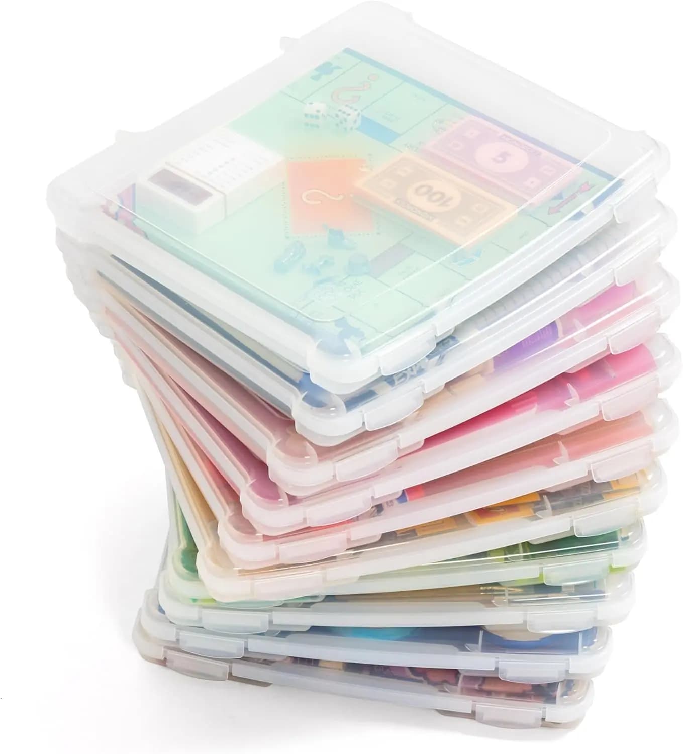 Set of 10 transparent plastic box holders with snap cover, portable organizer for puzzles, artistic materials and documents