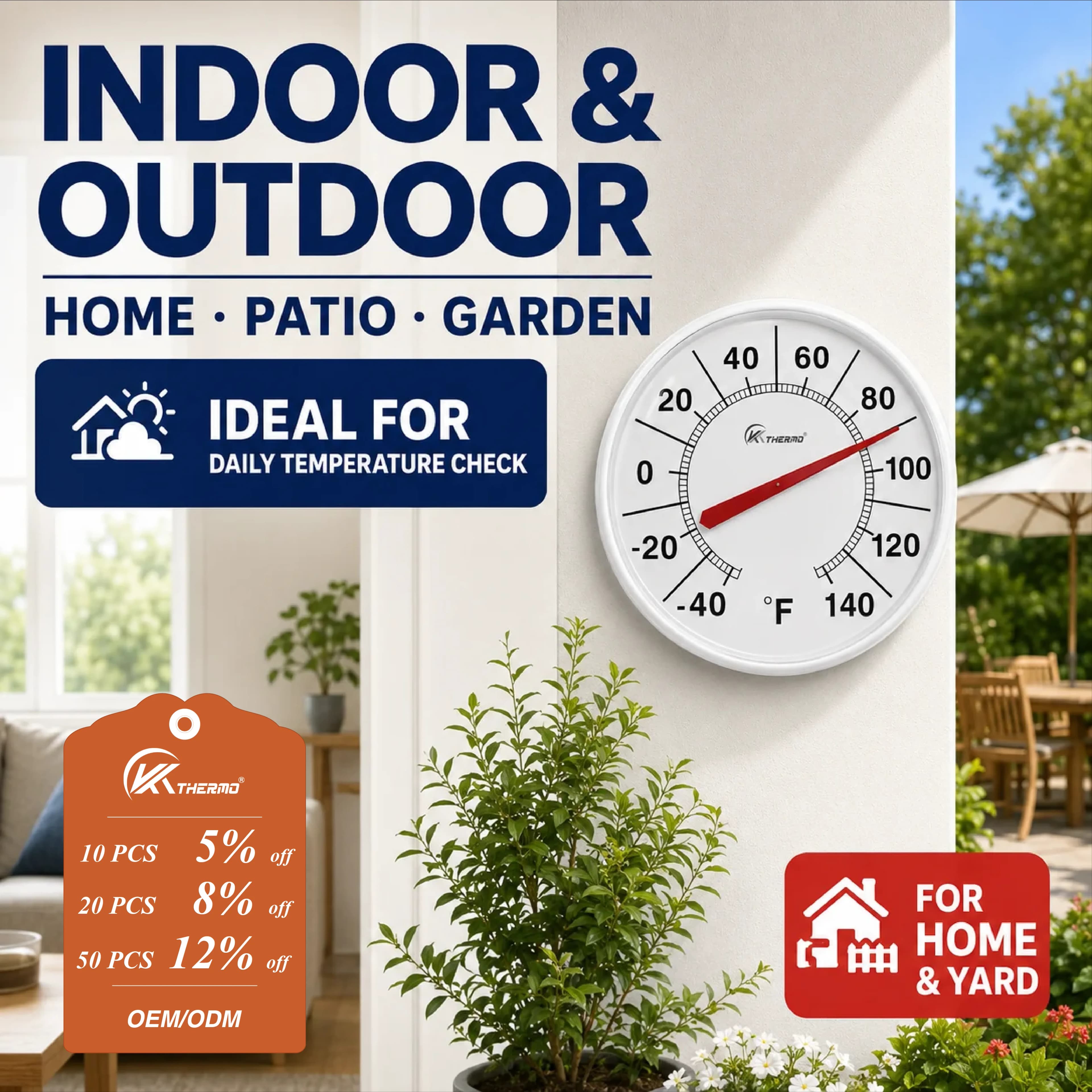 12 Inch Large Wall Thermometer Outdoor Indoor Garden Analog Temperature Gauge -40~140°F Mechanical Waterproof ABS House