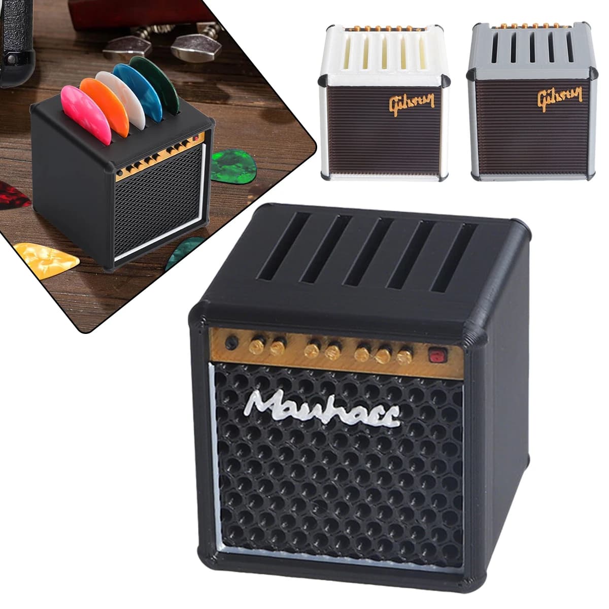 Porta plettri per chitarra – Custodia porta plettri dal design a mini amplificatore, fantastica decorazione da scrivania per musicisti, adatta a tutti i plettri standard da 2 mm