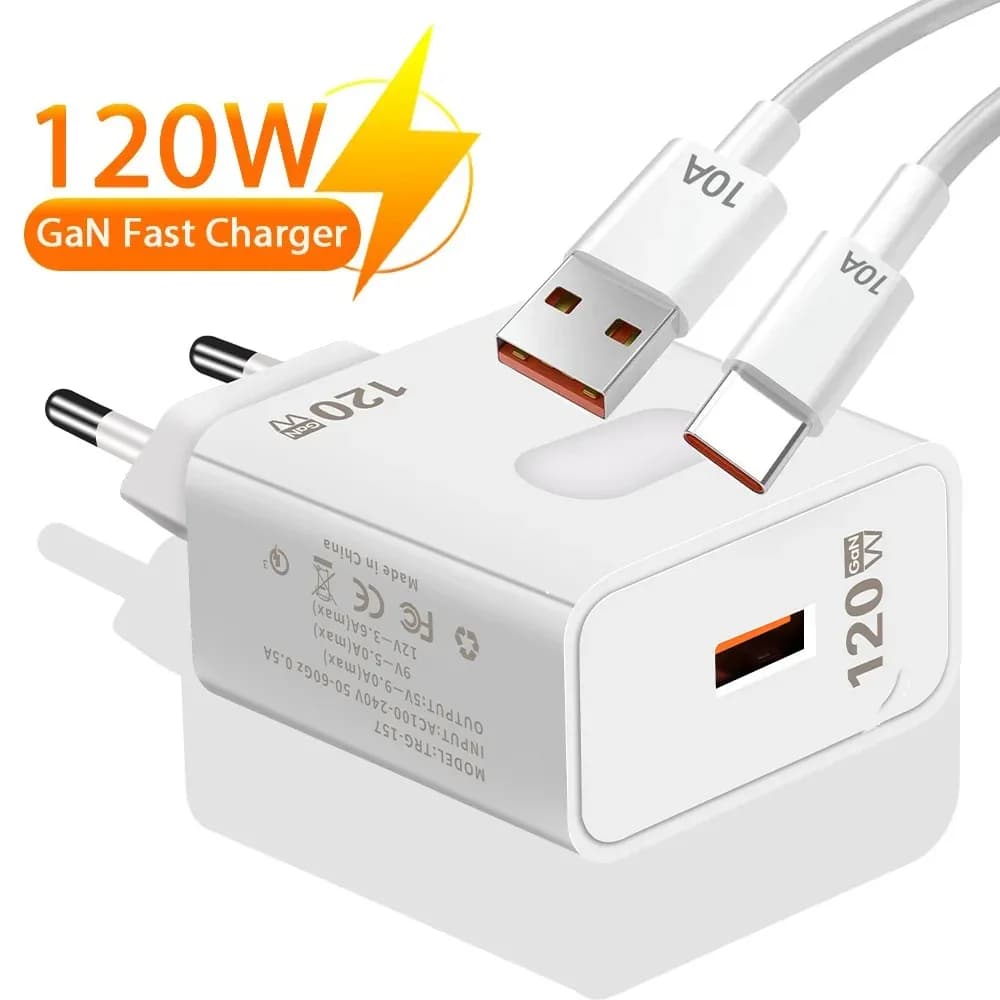 Caricatore USB da 120W con tecnologia Quick Charge 3.0, cavo USB-C per iPhone, Huawei, Samsung, Xiaomi, caricabatterie per cellulare con ricarica rapida.