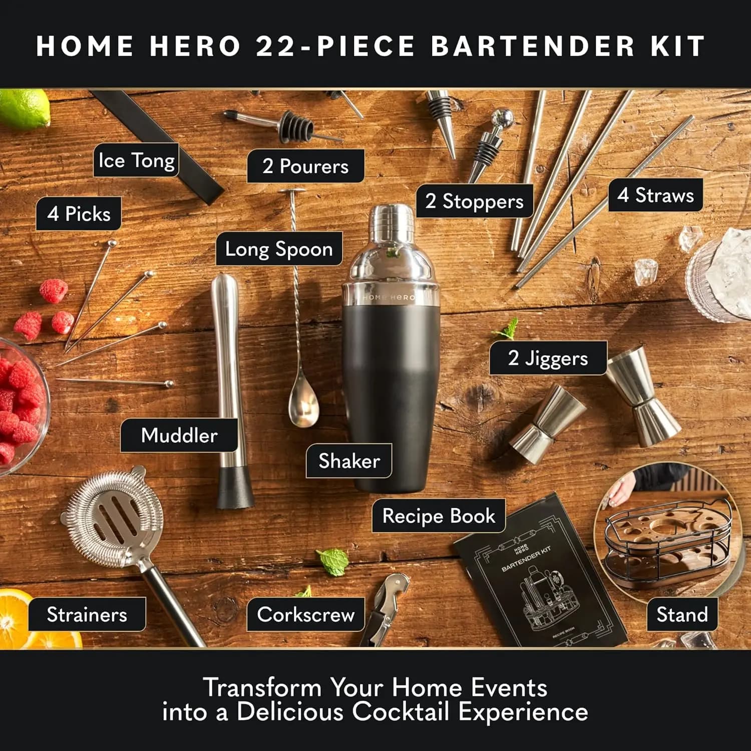 Elegante kit da barista con supporto in legno, set da bar premium e shaker per cocktail, regalo per gli appassionati di bar e cocktail di casa, vendita calda