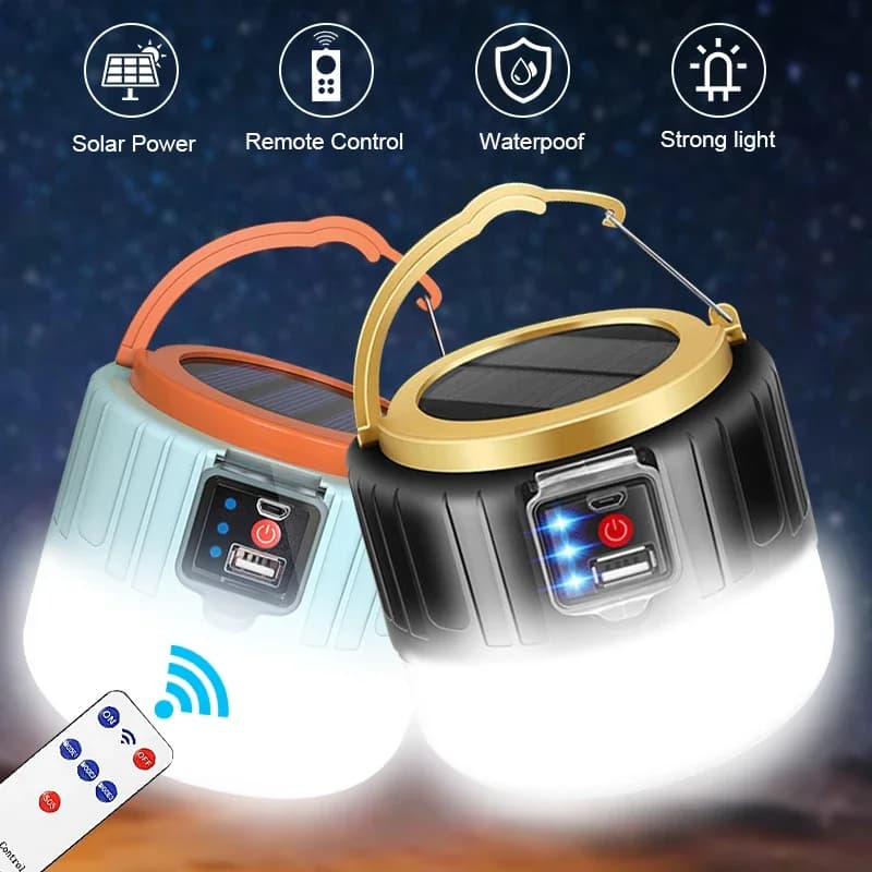 Lampada da campeggio a LED solare Lampada da tenda ricaricabile impermeabile Lanterne portatili Luci di emergenza Lampada da mercato Lampadina a risparmio energetico