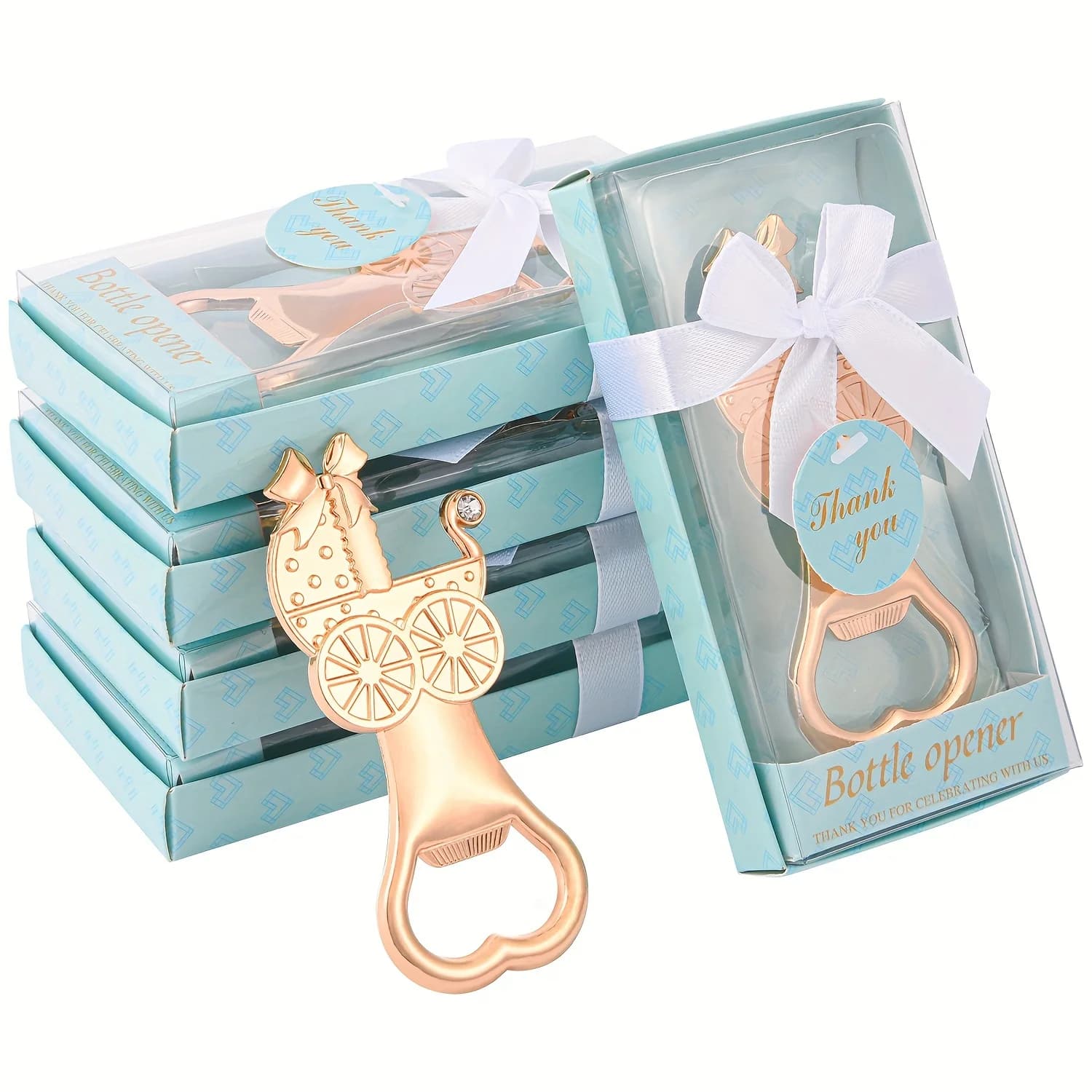12 apribottiglie per passeggino blu e rosa, regali per feste, apribottiglie Poppin e scatole regalo per gli ospiti per rivelare il genere