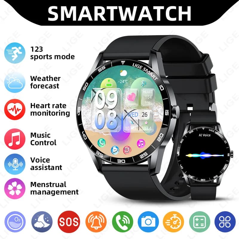 LIGE Smart Watch Sport Fitness Tracker Monitoraggio della salute del sonno Chiamata Meteo Musica AI Voce Smartwatch impermeabile per IOS Android