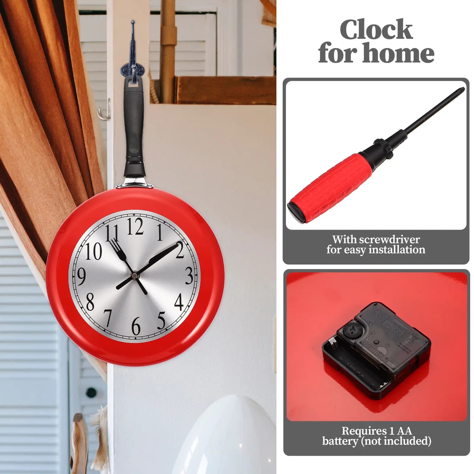 Set di 1 Orologio da Parete a Forma di Padella, Design Decorativo Silenzioso per Casa, Cucina, Soggiorno, Orologio da Parete Creativo e Silenzioso