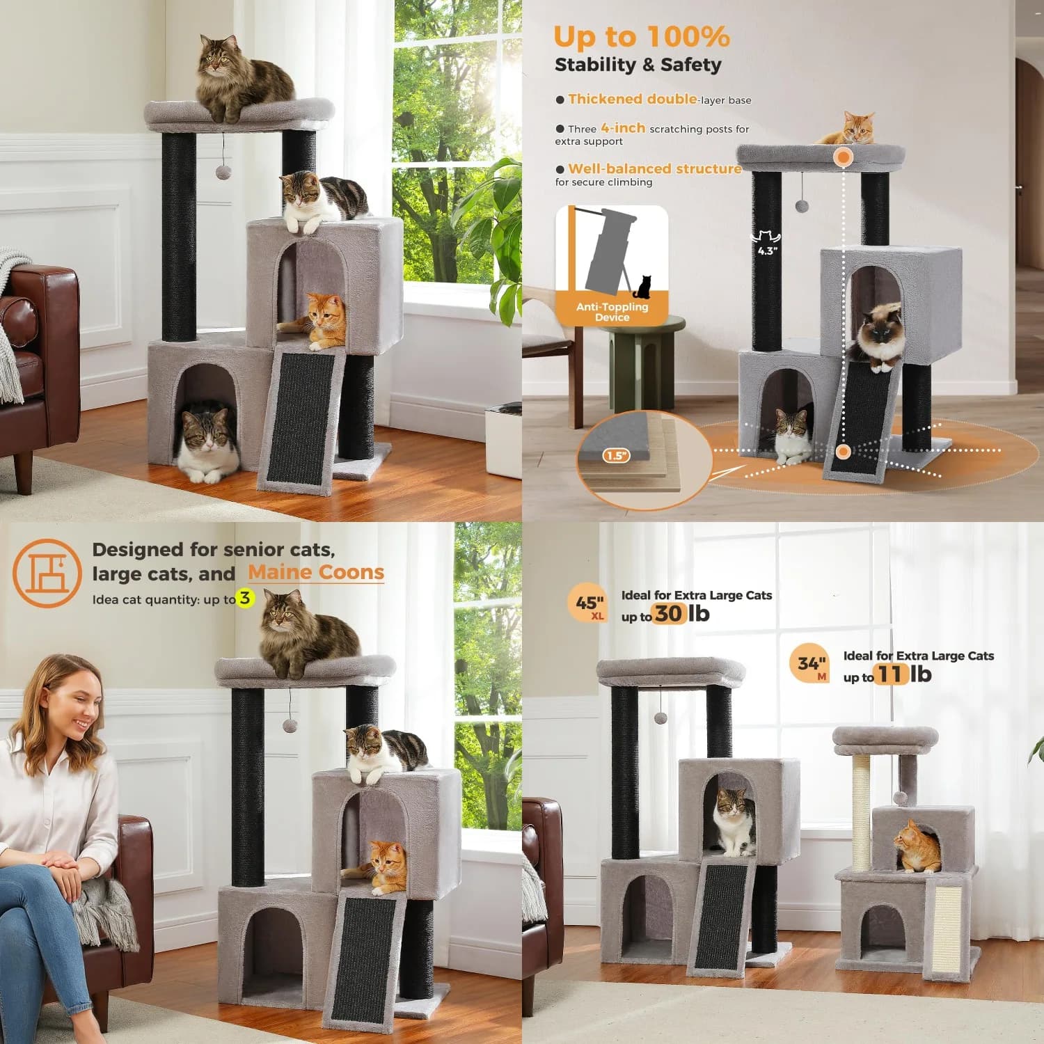 Tiragraffi Robusto per Gatti da Interno Adulti, Torre per Gatti da 114 cm con Rampa in Sisal, 2 Cuccette per Gatti Extra, Personalizzabile