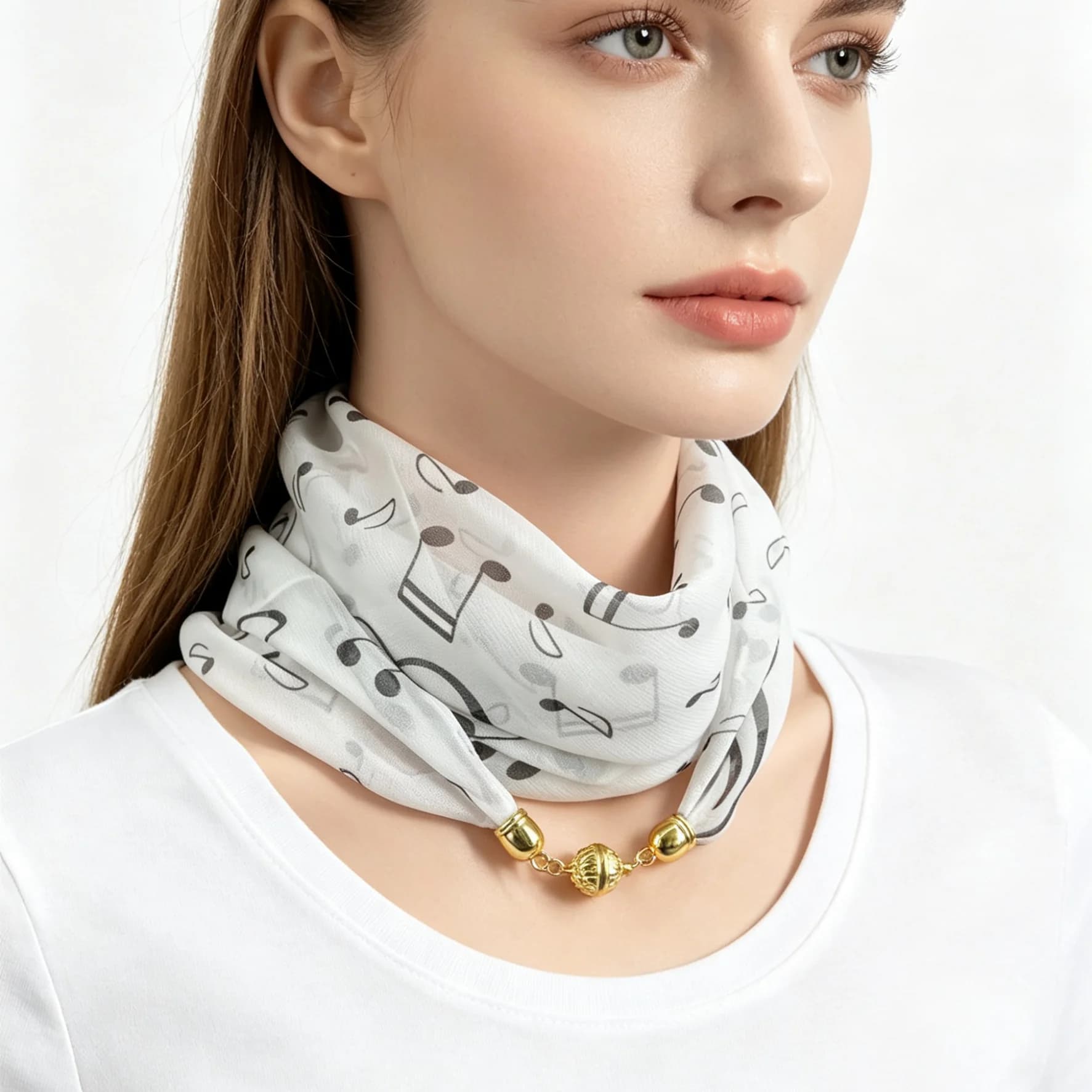 Sciarpa con stampa di note musicali e fibbia magnetica, foulard leggero e quadrato, facile da indossare, elegante accessorio per viaggi, servizi fotografici e abbinamenti quotidiani alla moda.