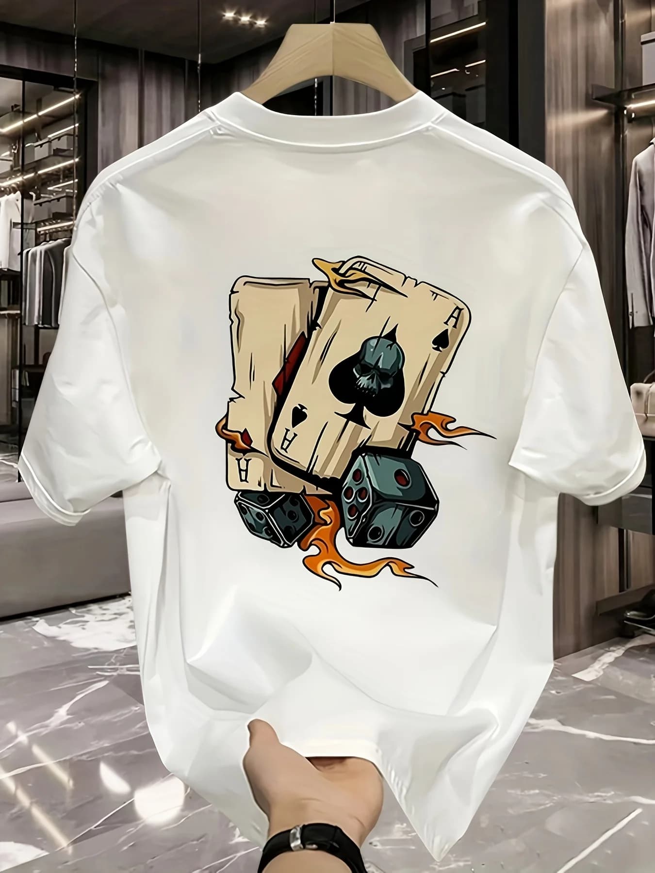 T-shirt stampata da uomo in puro cotone pesante, ampia, oversize, estiva, casual, a maniche corte, con controller di gioco dei cartoni animati e motivo a fiamma