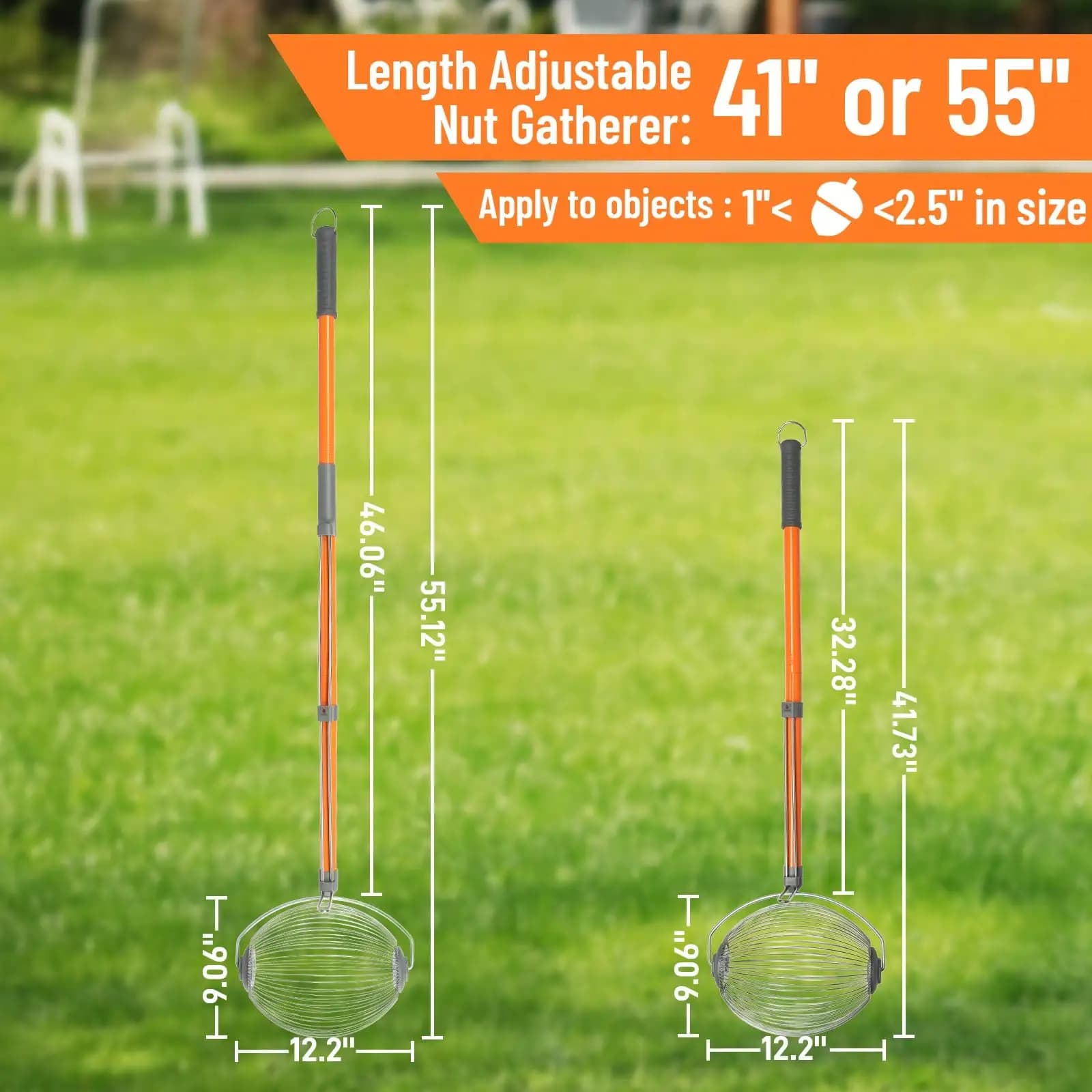 53 Inch Orange Nut Gatherer Roller, Stainless Steel + Rubber Telescopic Pole, Rolling Fruit Picker, No-Bend Pecan Acorn Hickory Nut Golf Ball Sweetgum Ball Collector, Yard Lawn Tool