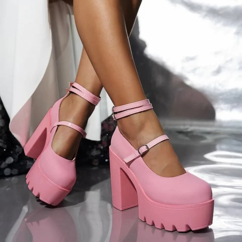Women's Platform Mary Janes Round Toe High Block Heel Strappy Buckle Details Matte Finish Chunky Lug Sole Party Formal Footwear