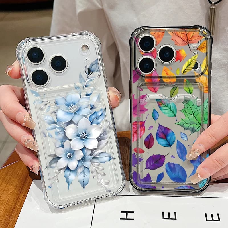 Card Bag Pocket Clear TPU Phone Case For iPhone 17e 17 Pro Max 16 15 14 13 Pro Max 16e 11 Blue Flower Print Soft Silicone Cover