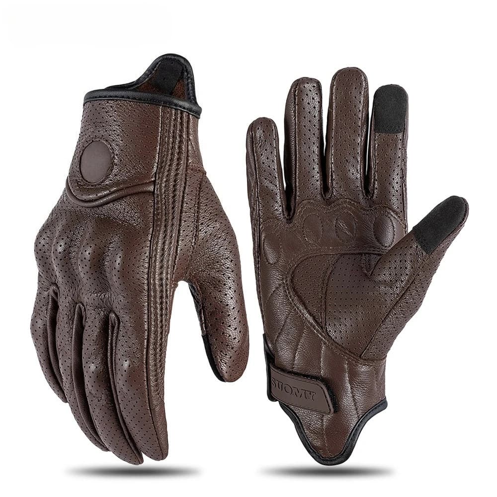 Summer Breathable Perforated Motorcycle Gloves Retro Brown Real Leather Cafe Racer Motorbike Gloves Touchscreen Scooter Guantes