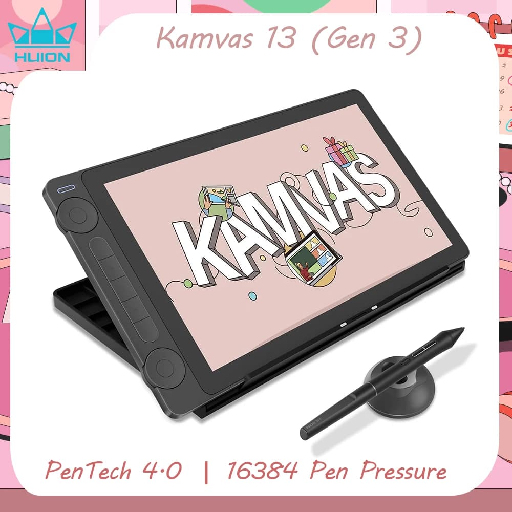 Huion Kamvas 13 Gen 3 Display da disegno Tavoletta artistica da 13,3" + Tela in vetro antiscintilla, 99% sRGB, PenTech 4.0 16384 Pressione della penna