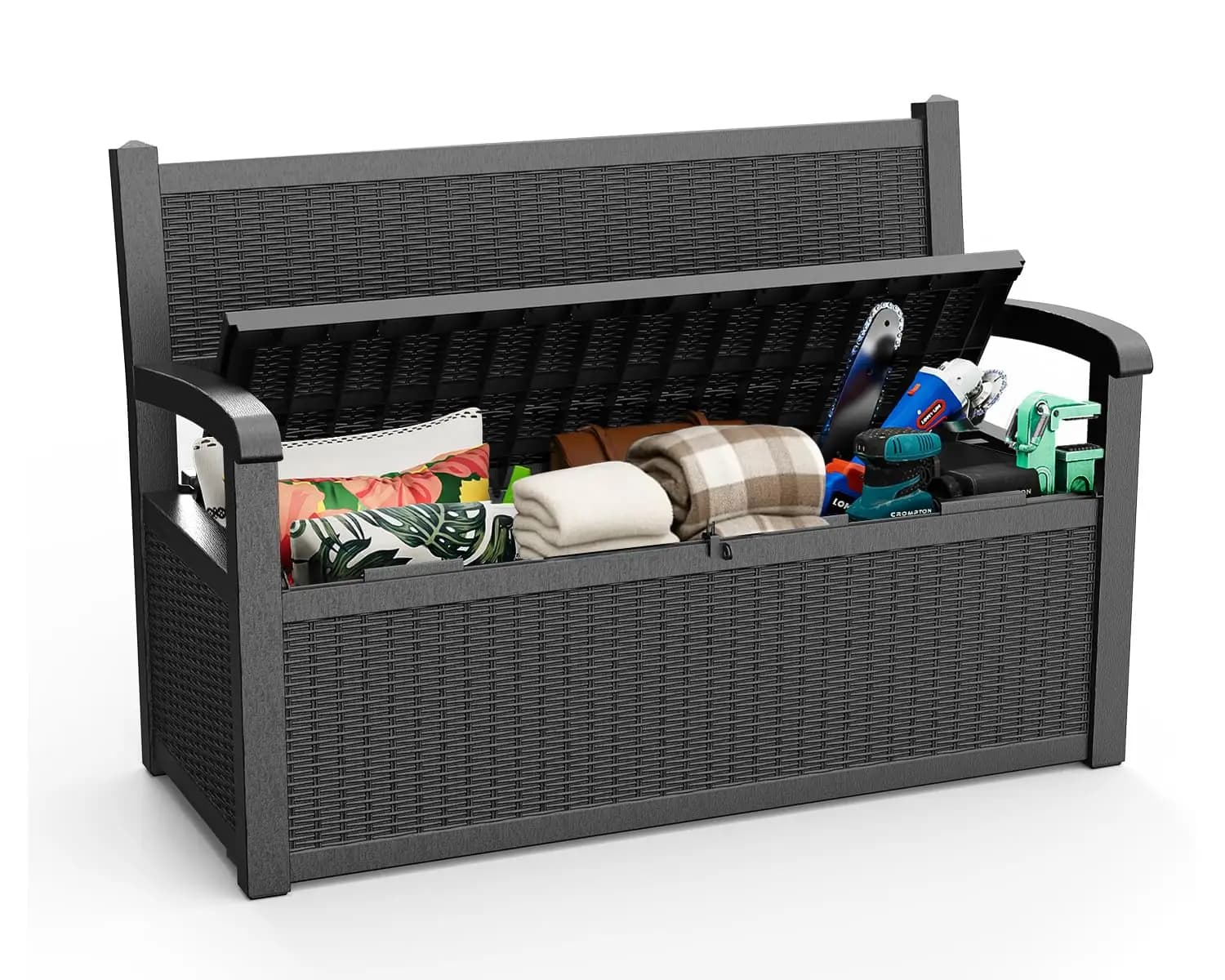 80 Gallon outdoor storage bench with garden furniture lock, outdoor porch bench with waterproof cushion box,